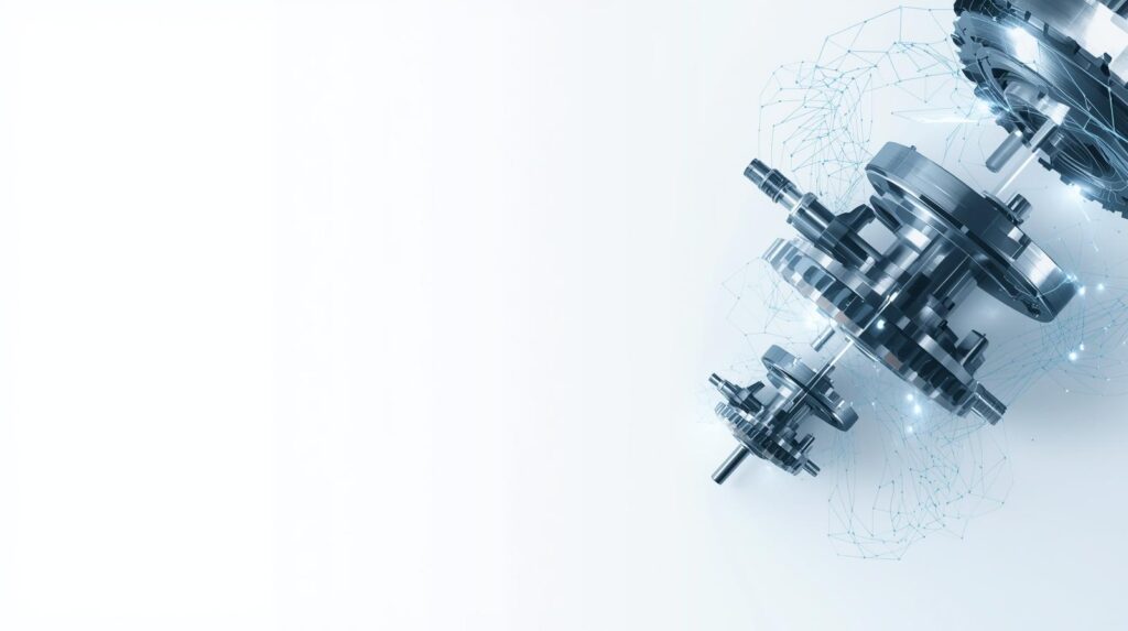 a clean, futuristic 3d render of a few interconnected metallic gears and shafts, linked by subtle glowing blue digital lines on a white background. minimal design, wid